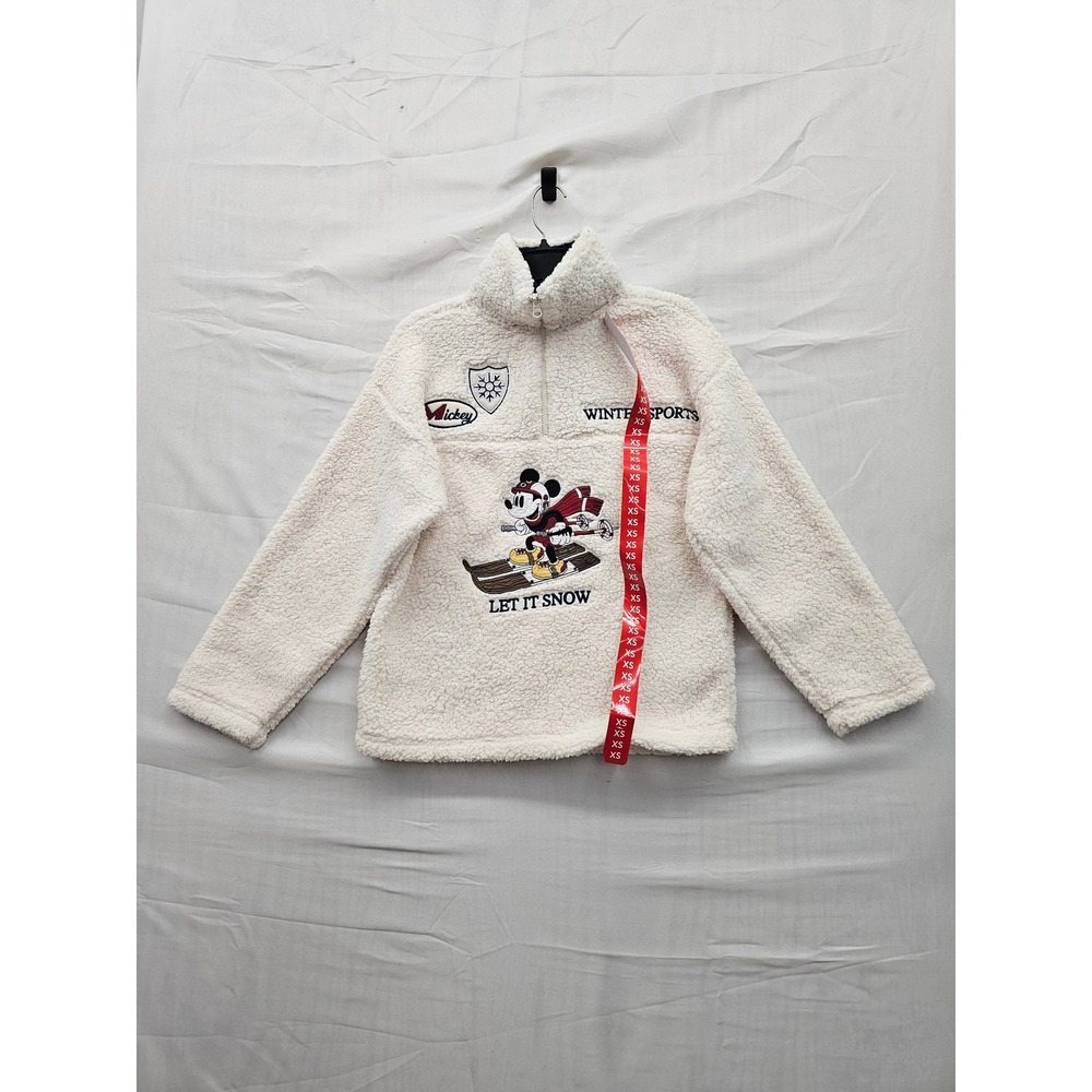 Disney Womens Mickey Mouse Zip Pullover White Polyester Sherpa Casual Size XS